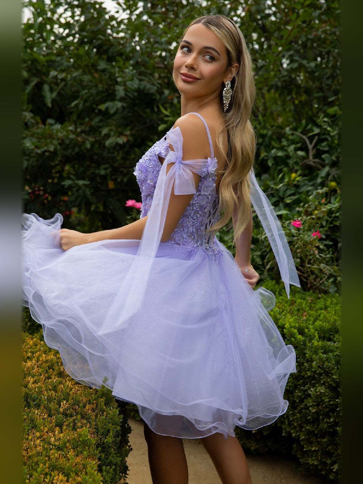 Lilac short tulle A-line dress with floral appliques and bow tie shoulder straps