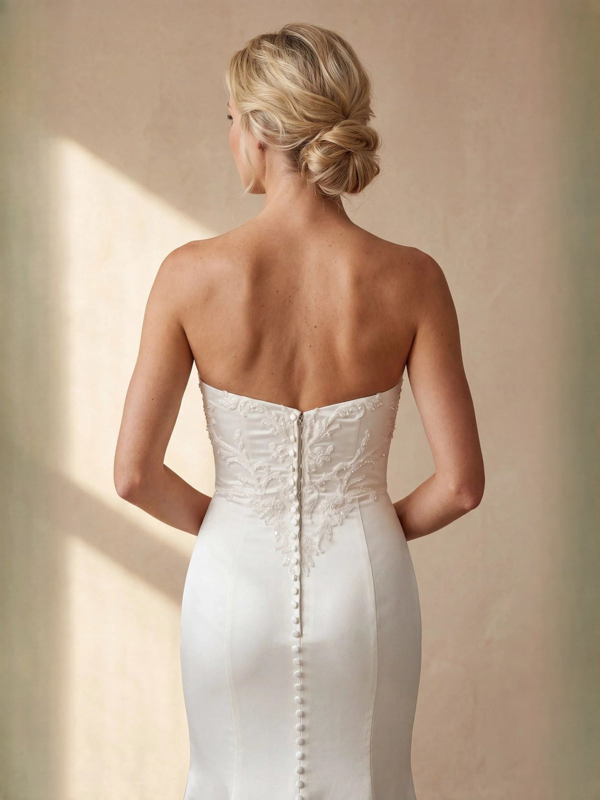 Ivory satin mermaid wedding dress, embroidered back bodice, square open back