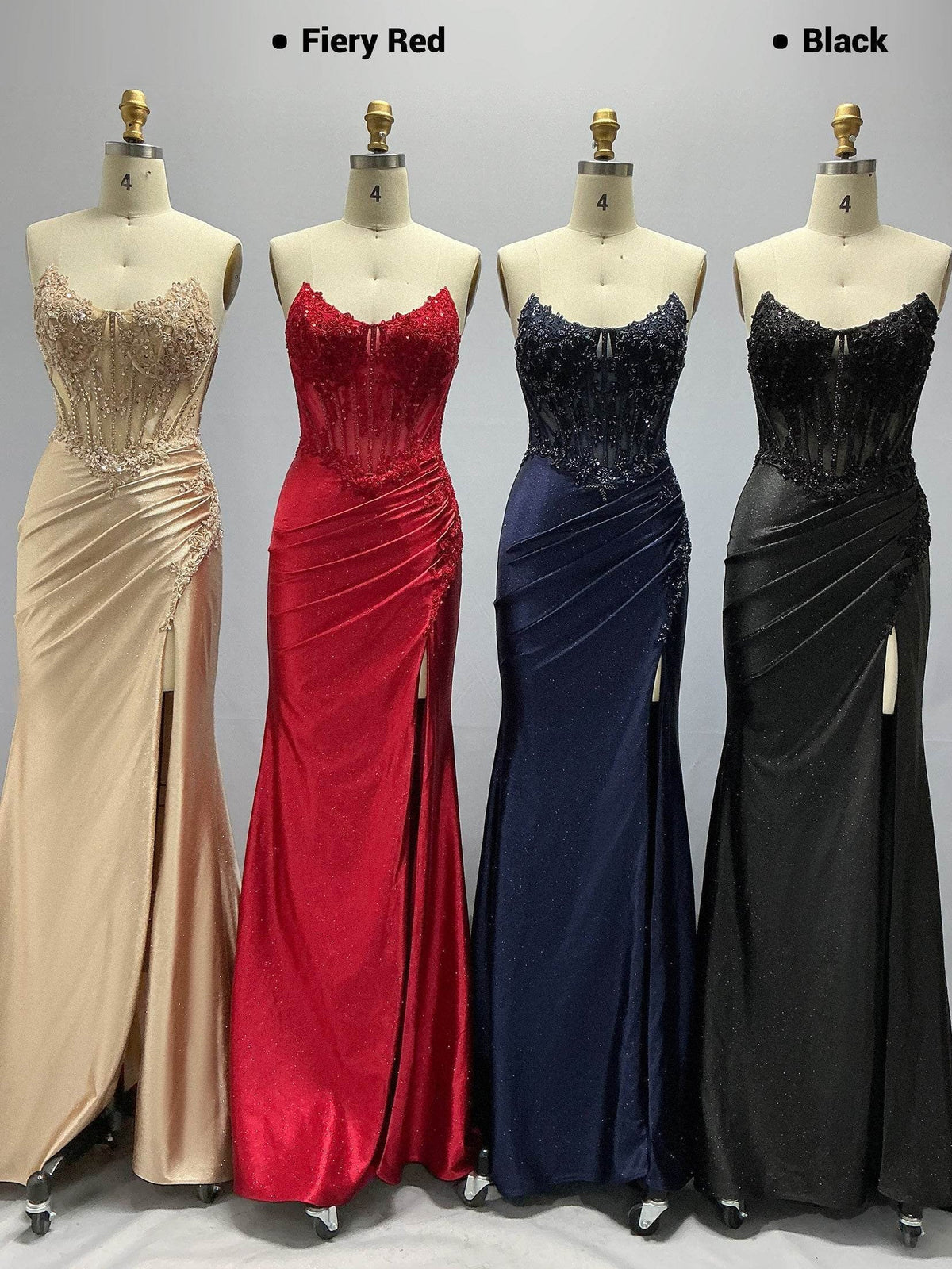 Long formal corset dresses on mannequins in beige, red, navy blue, and black
