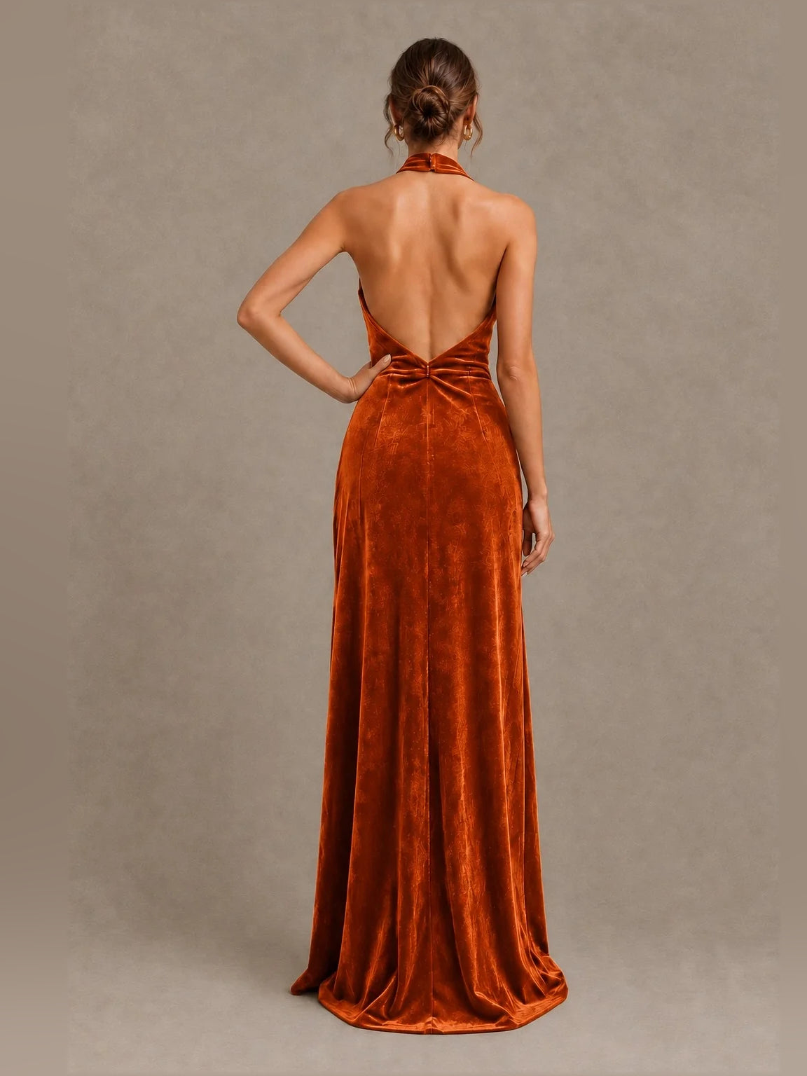 Ruched velvet halter sheath bridesmaid dress in copper, open back bow, floor-length