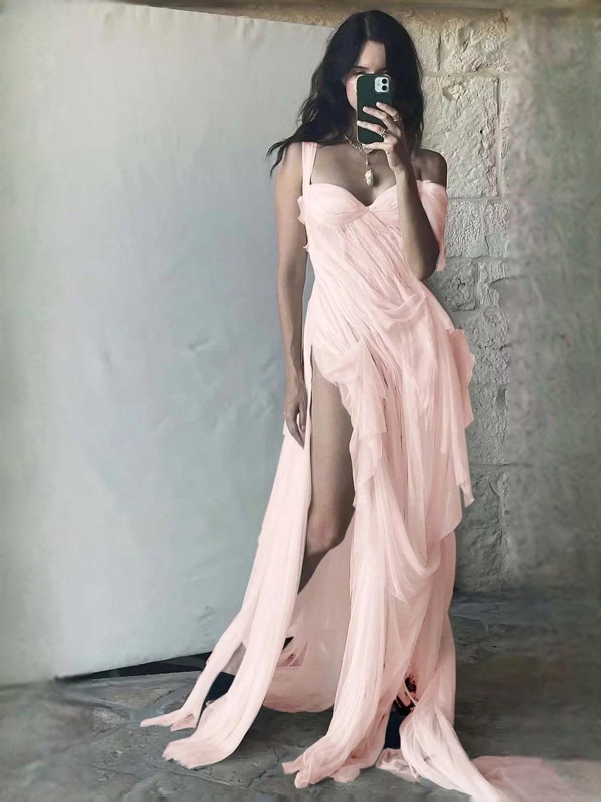 Blush pink sweetheart prom maxi dress with draped layered skirt and thigh slit