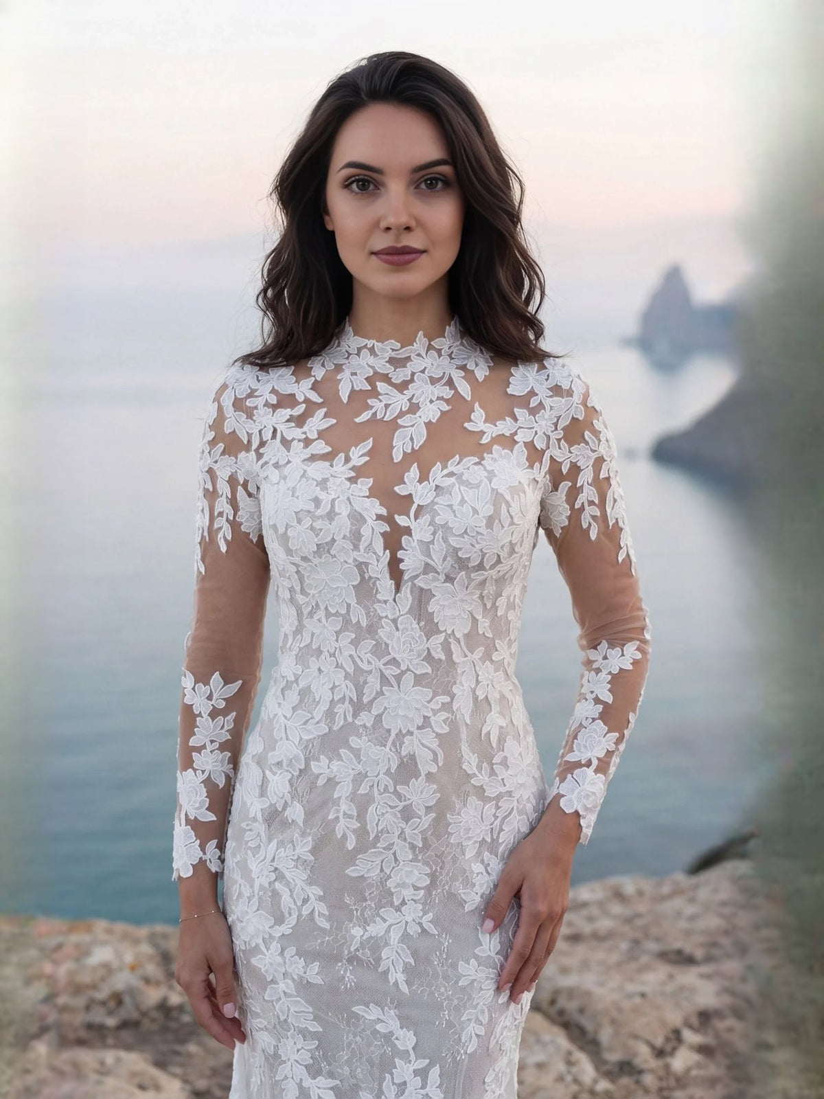 Ivory high-neck lace wedding dress with sheer sleeves and intricate floral appliques.