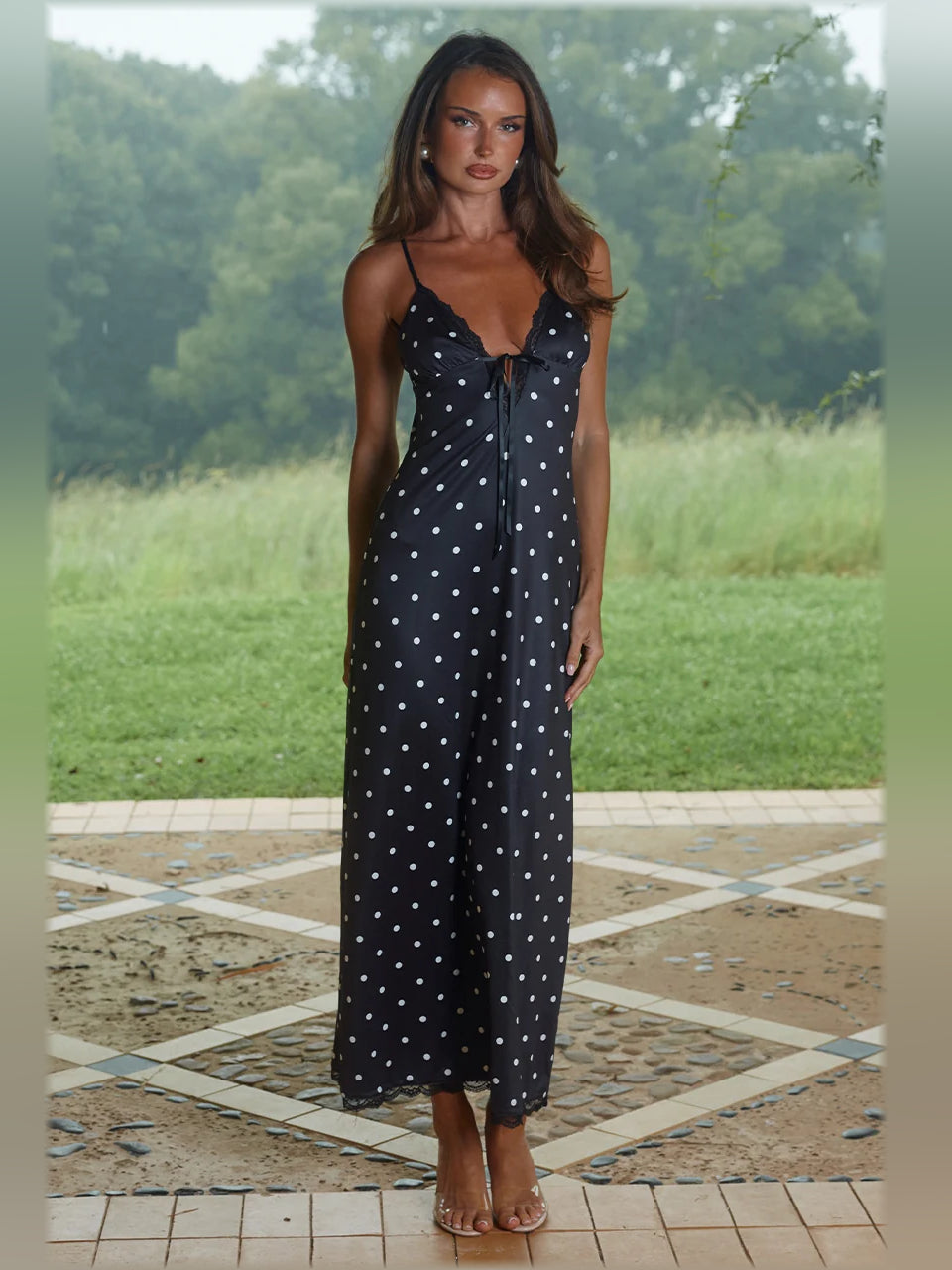 Black polka-dot camisole midi dress with lace-trim neckline, bow front, full length
