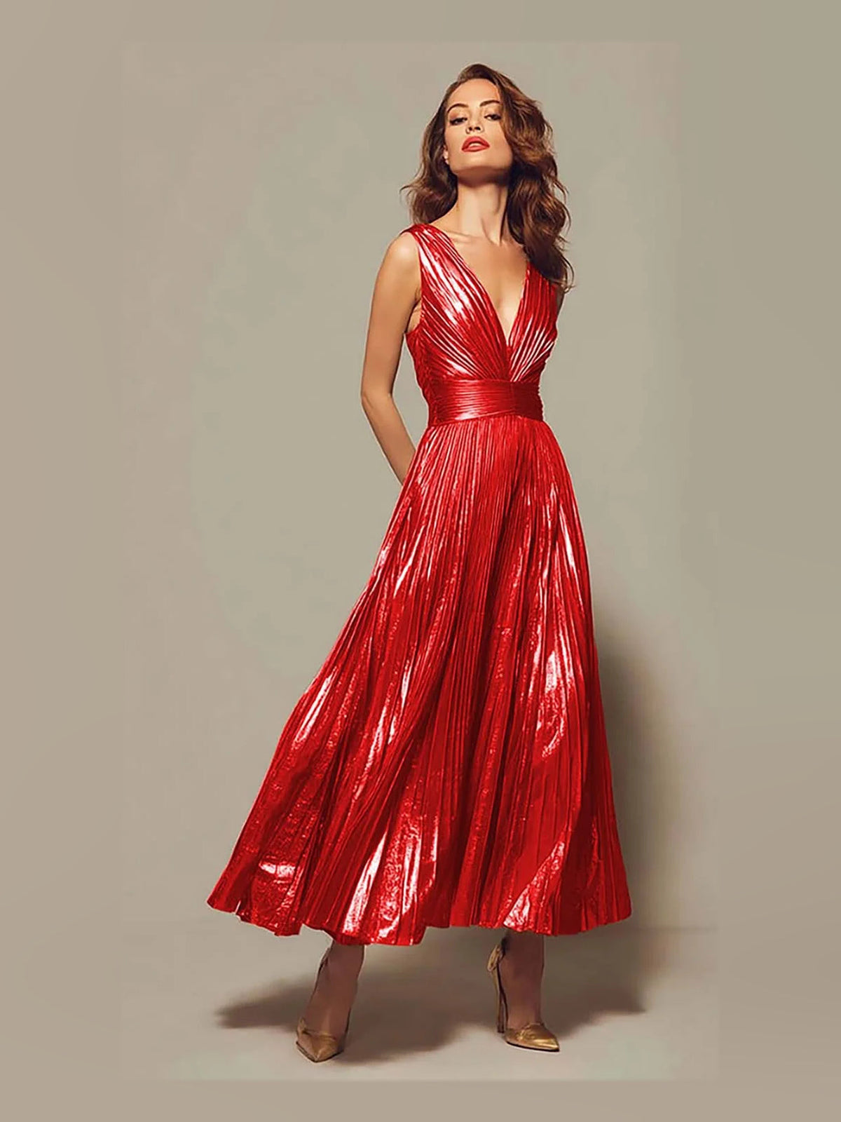 Red sequined pleated V-neck sleeveless A-line floor-length prom dress with drape