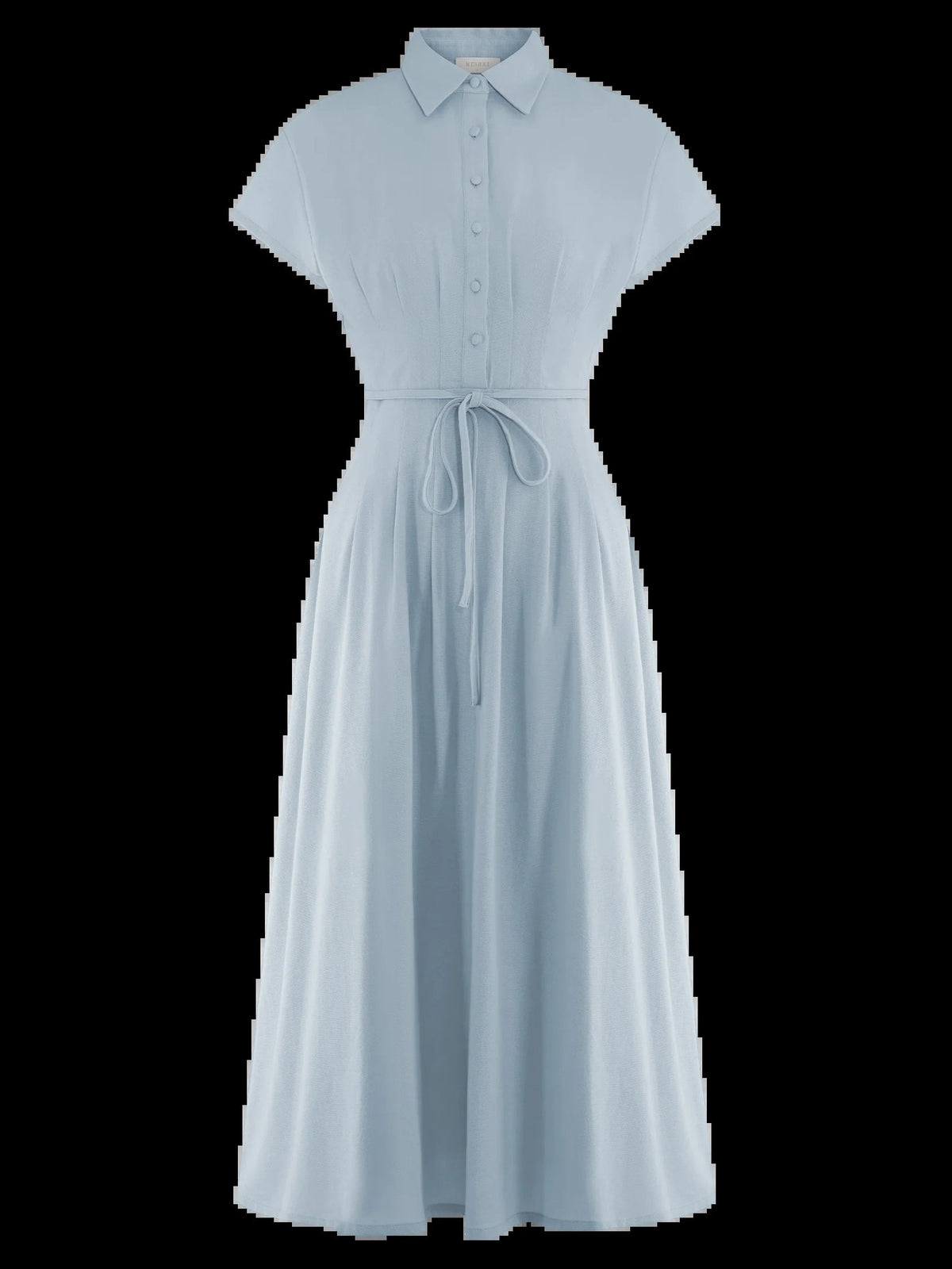 Cornflower blue linen midi dress studio cutout, shirt collar, buttons, and waist tie