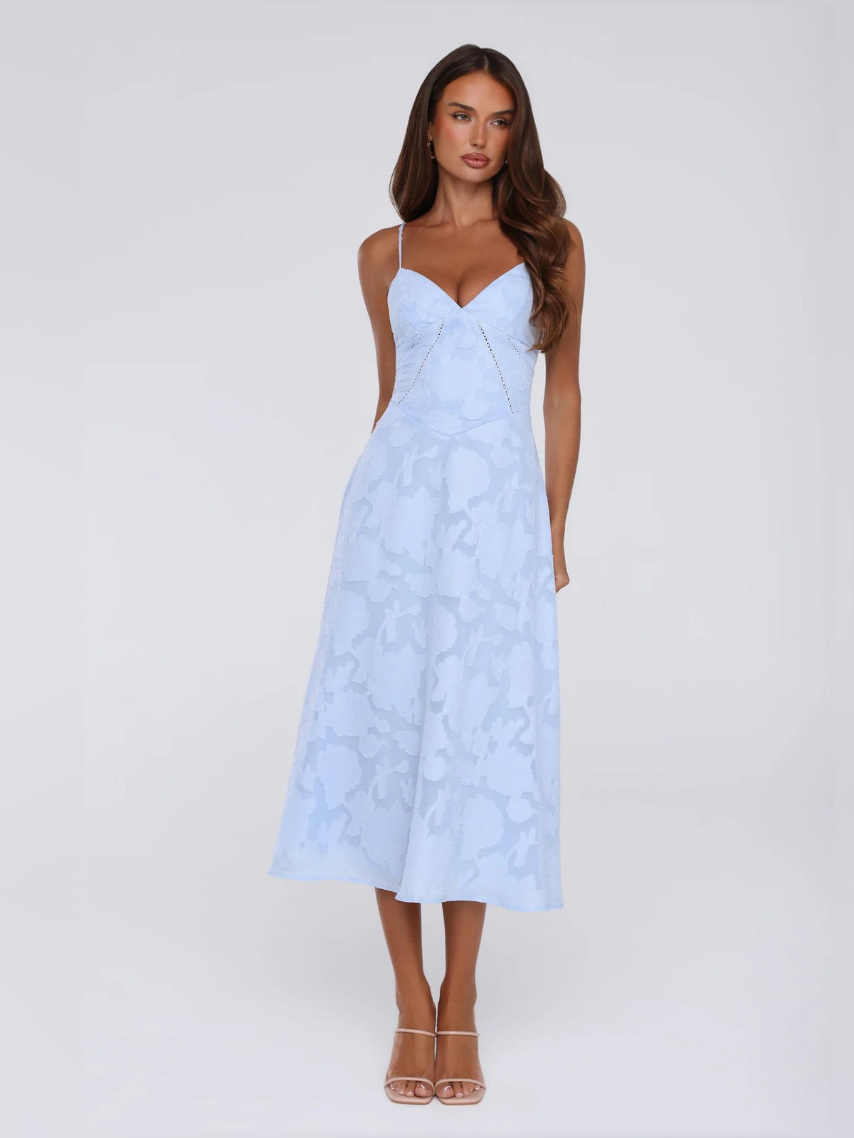 Light blue midi formal dress with V-shaped bodice and spaghetti straps