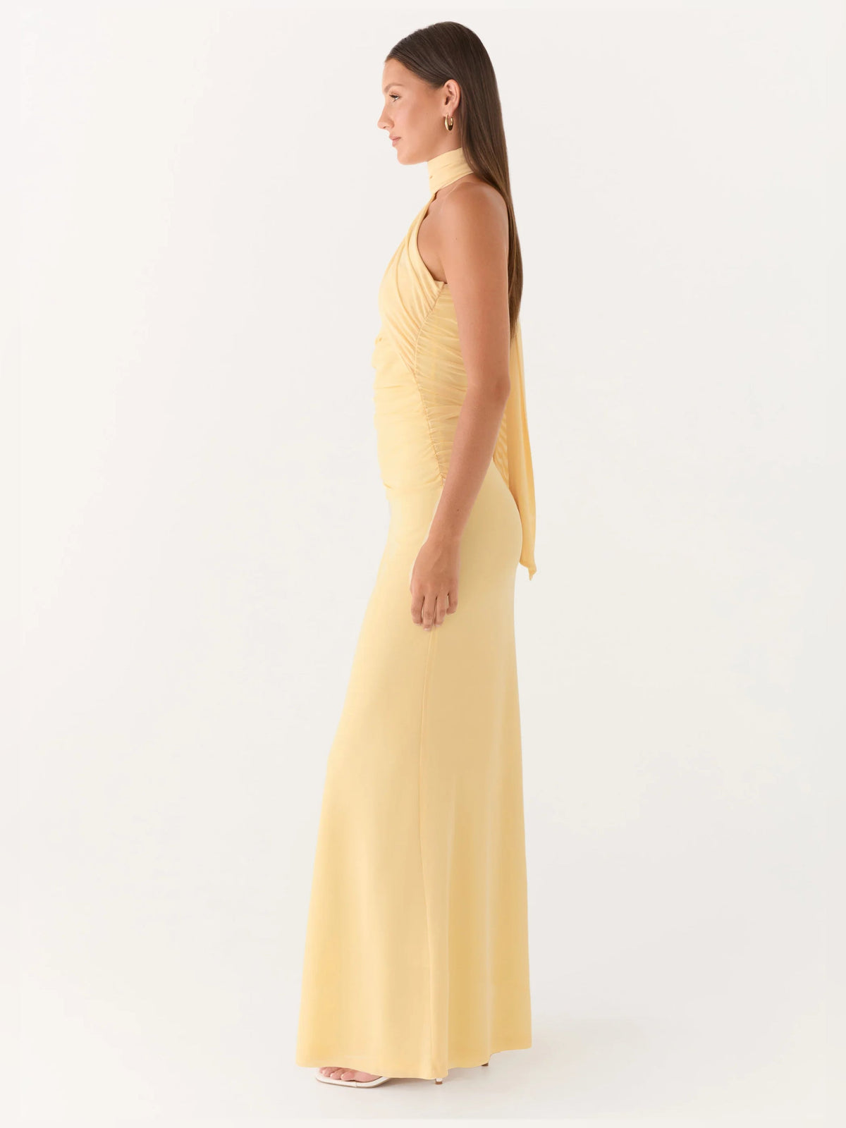 Yellow sheath maxi formal dress with ruching, alternate full-length view showing the overall silhouette