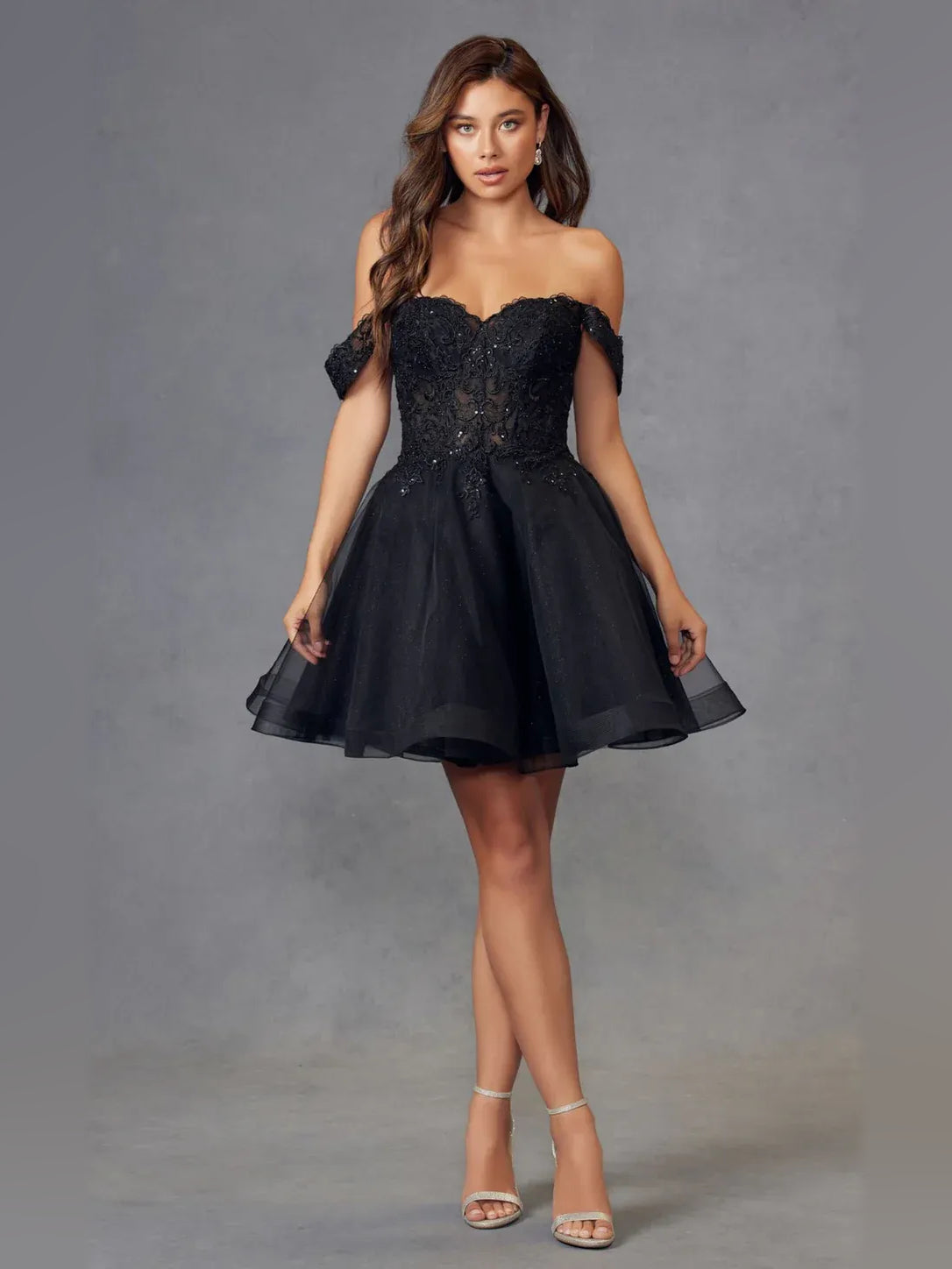 Black glitter off-shoulder A-line short dress with sweetheart neckline and tulle skirt