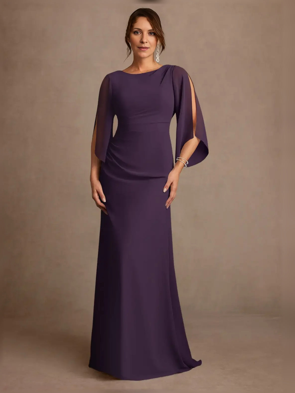 Plum purple draped boat-neck A-line gown with flutter sleeves, floor-length