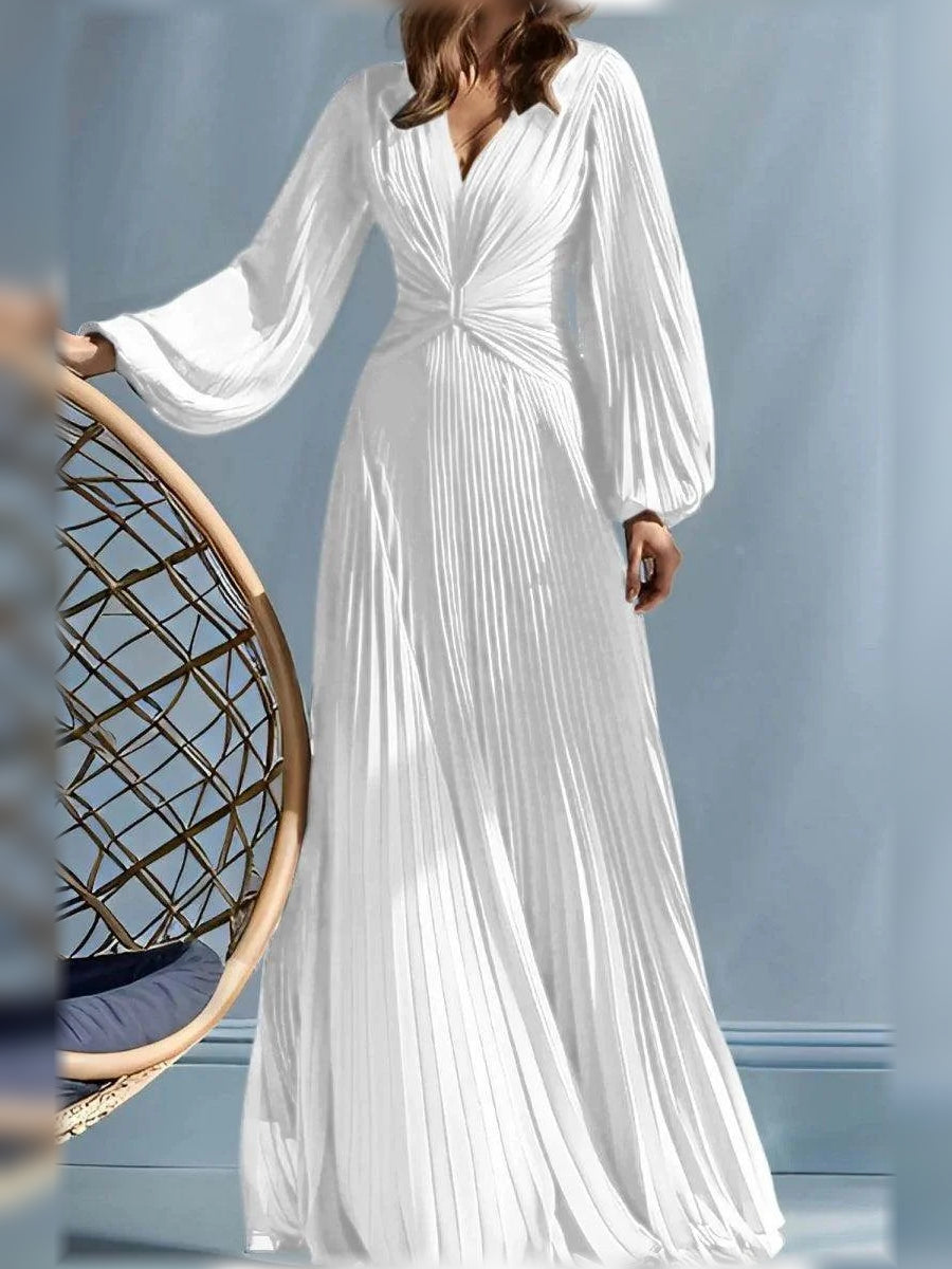 White V-neck ruched pleated A-line maxi dress with long flared sleeves