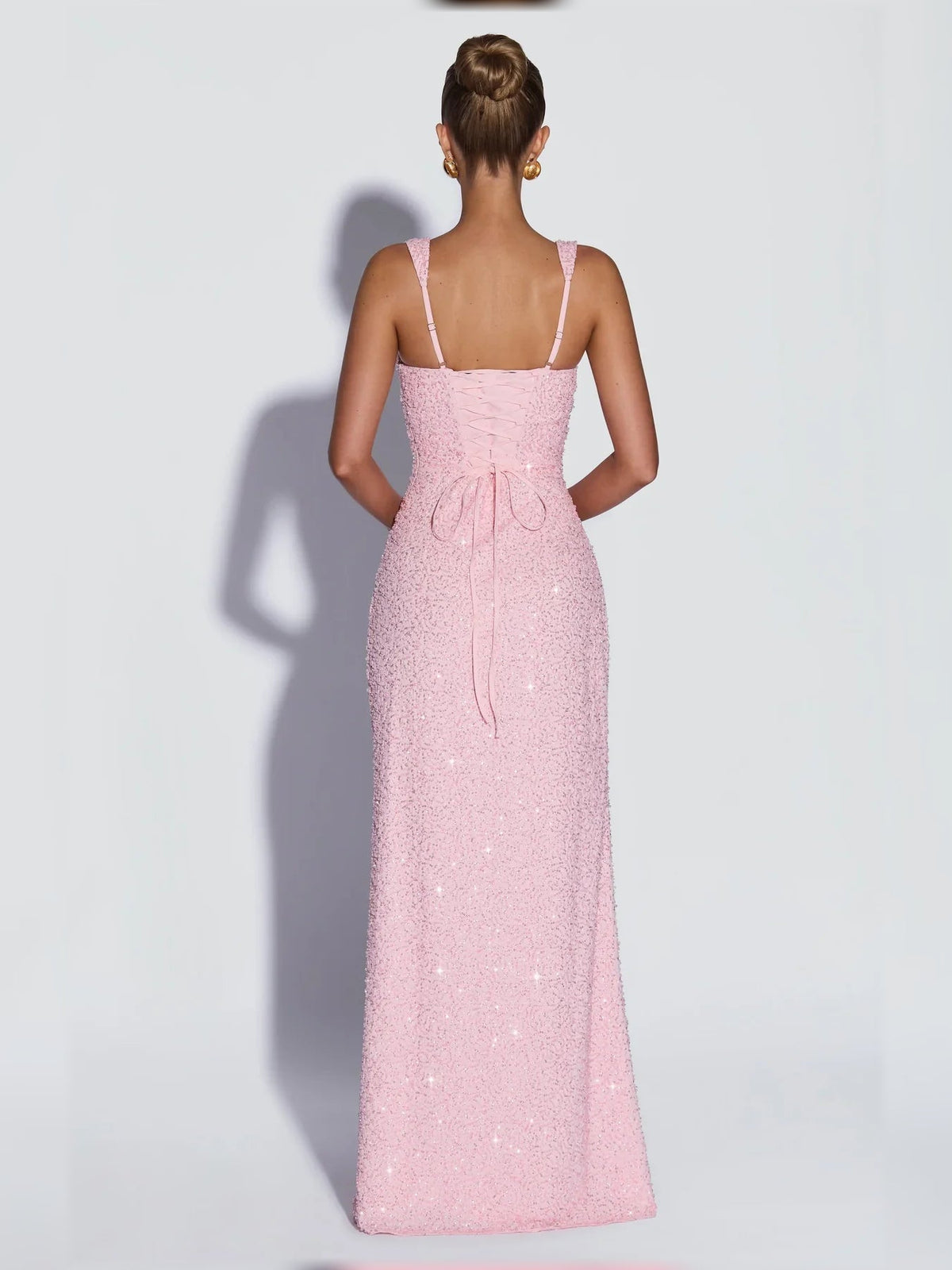 Light pink square-neck corset formal dress with lace-up open back, floor-length sequins