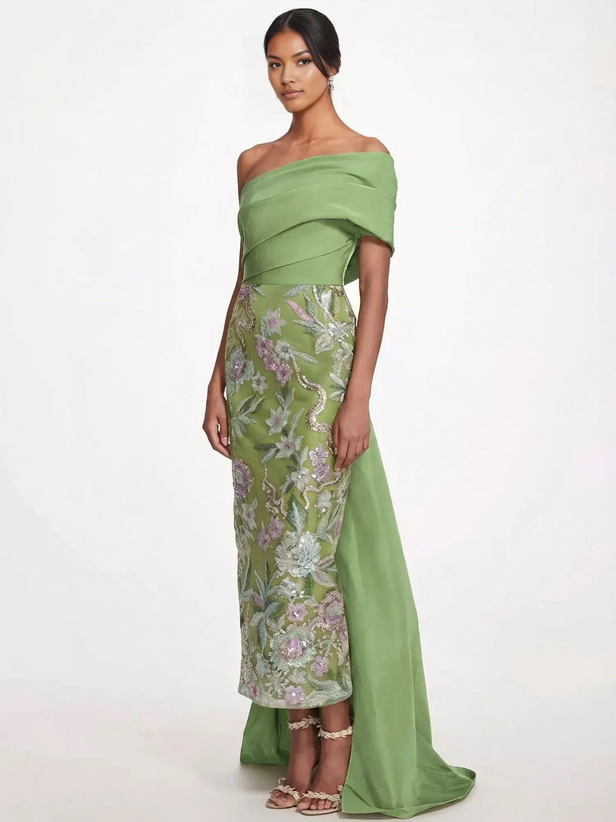 Olive green one-shoulder floor-length formal dress with floral panel and drape