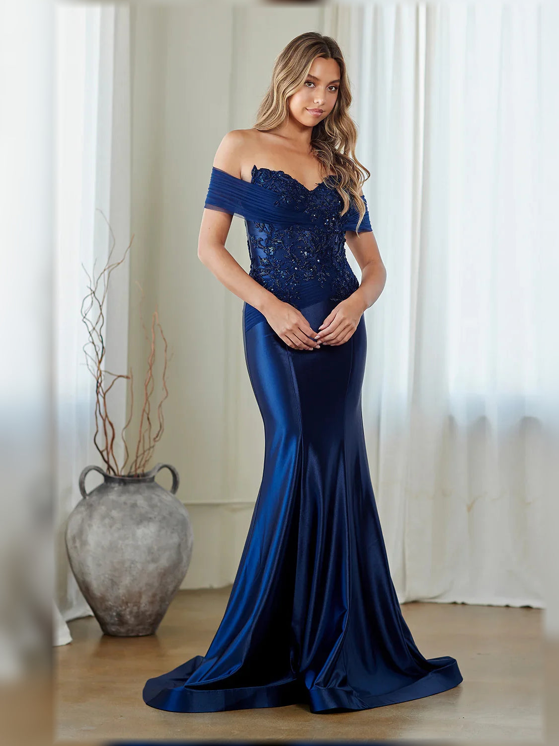 Dark blue off-shoulder beaded mermaid formal dress, floor-length satin