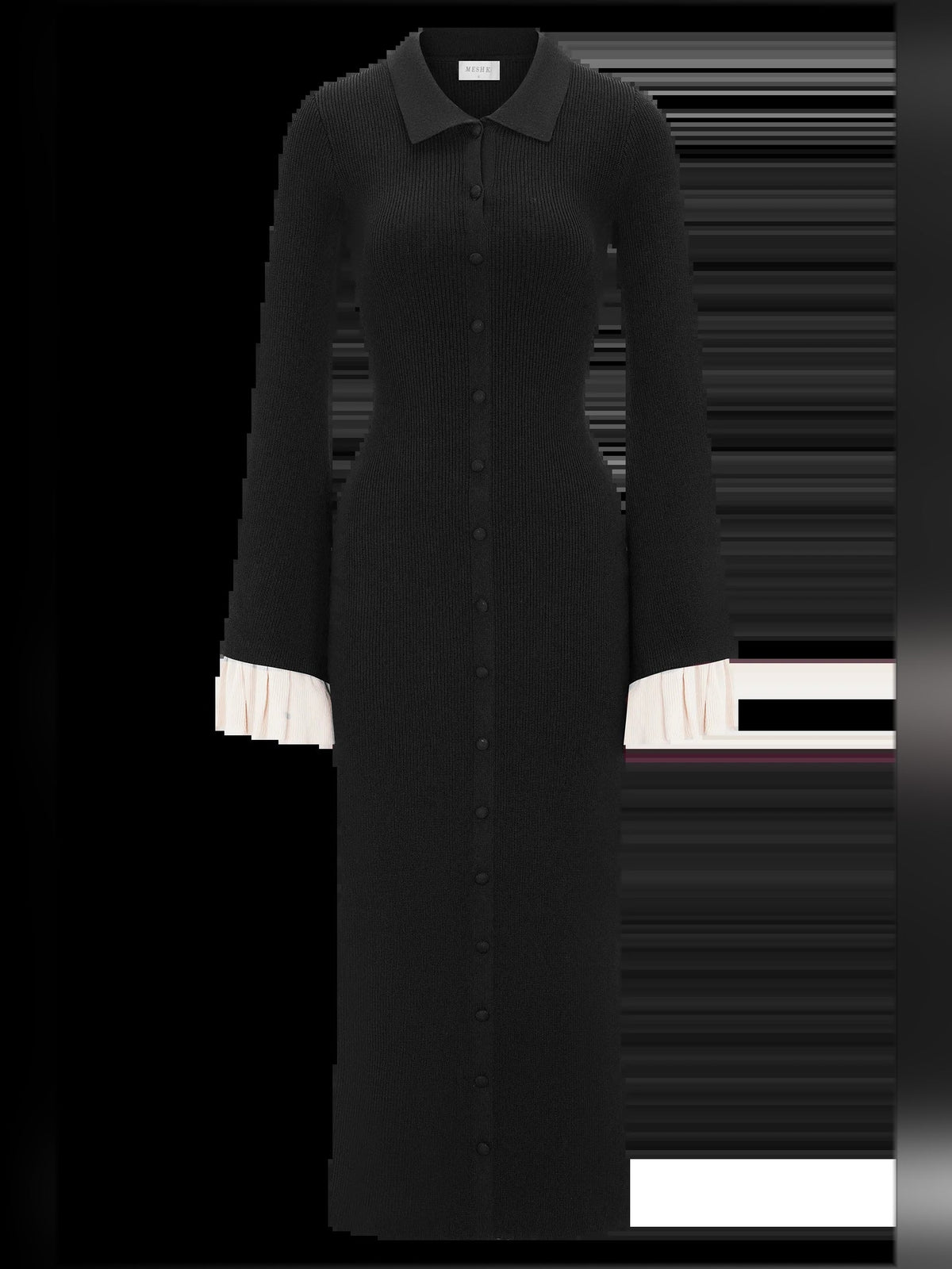 Amirose black knit midi dress, pointed collar, button-front, cream ruffle cuffs