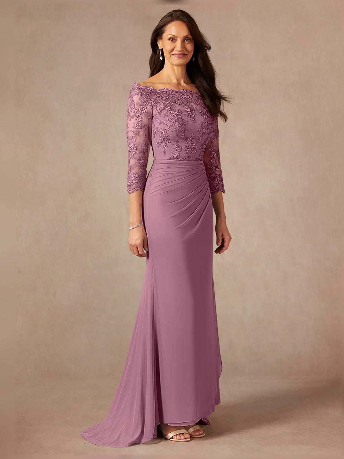 Vintage mauve off-shoulder ruched maxi dress with lace overlay and draped waist