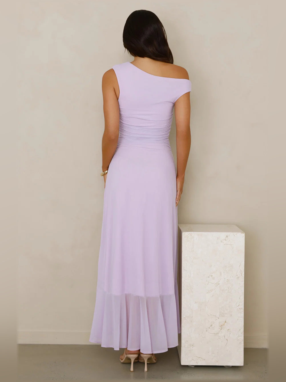Lilac off-shoulder mesh midi dress, back view with scoop back and tiered hem