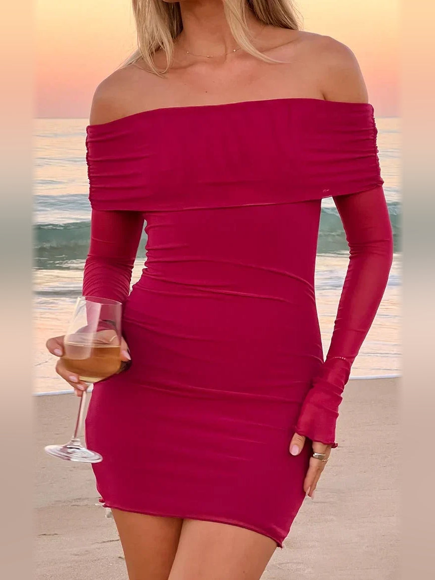 Hot pink off-shoulder bodycon mini dress with long fitted sleeves, close front