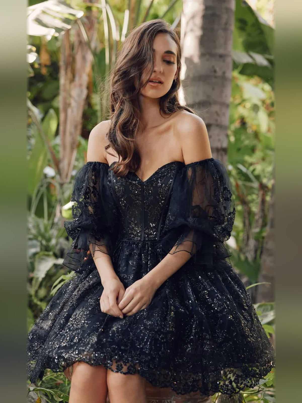 Black glitter A-line short dress with sweetheart neckline and layered off-shoulder tulle