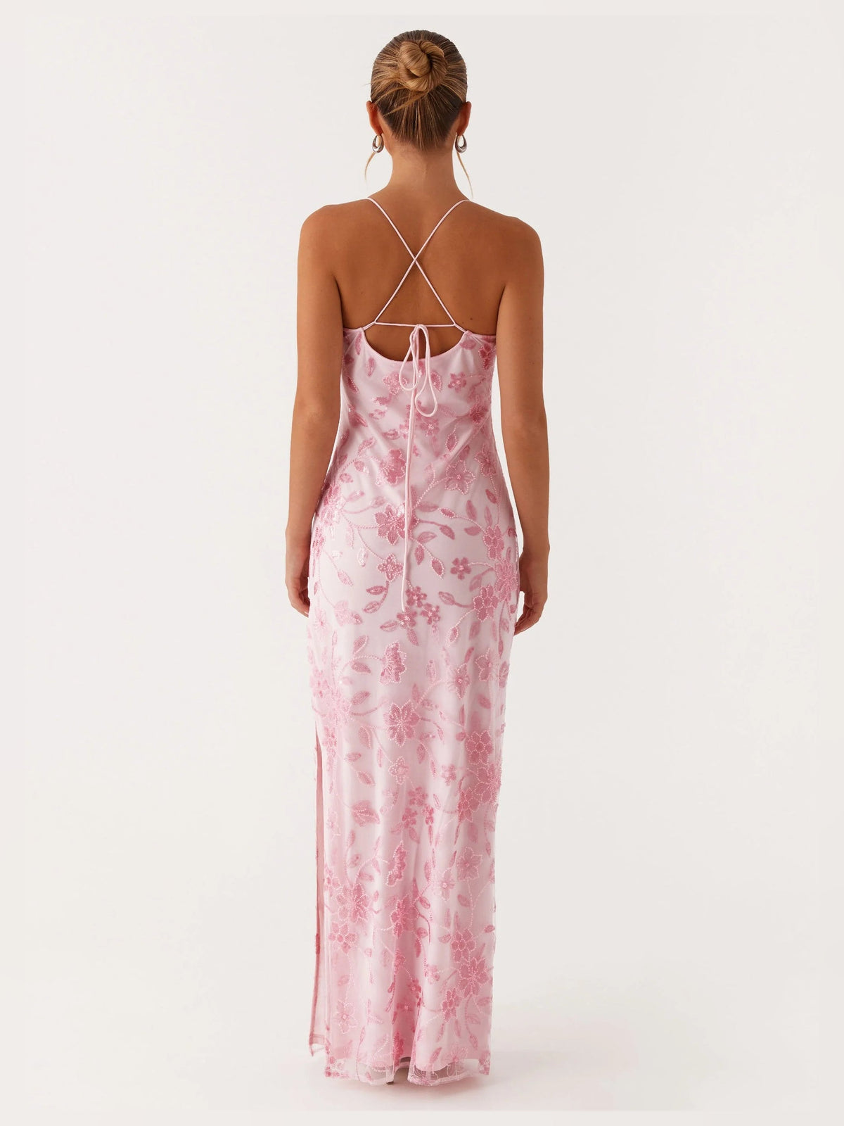 Pink sheath maxi formal dress with beading, alternate full-length view
