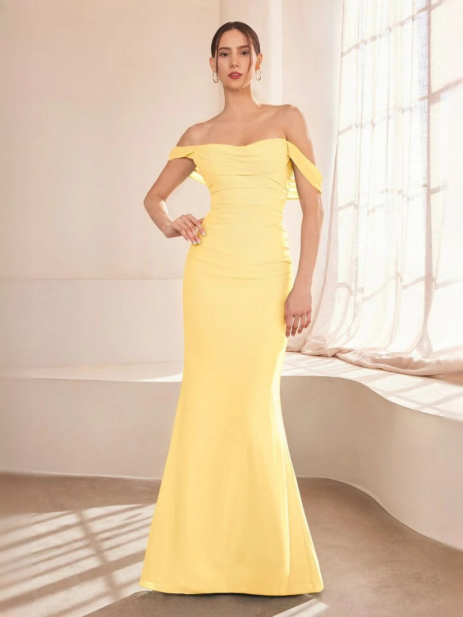 Yellow off-shoulder ruched mermaid prom dress with draped neckline