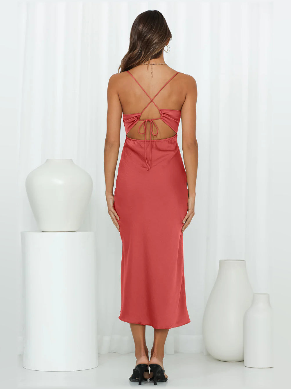 Rose midi formal dress open back with crisscross straps and gathered center tie