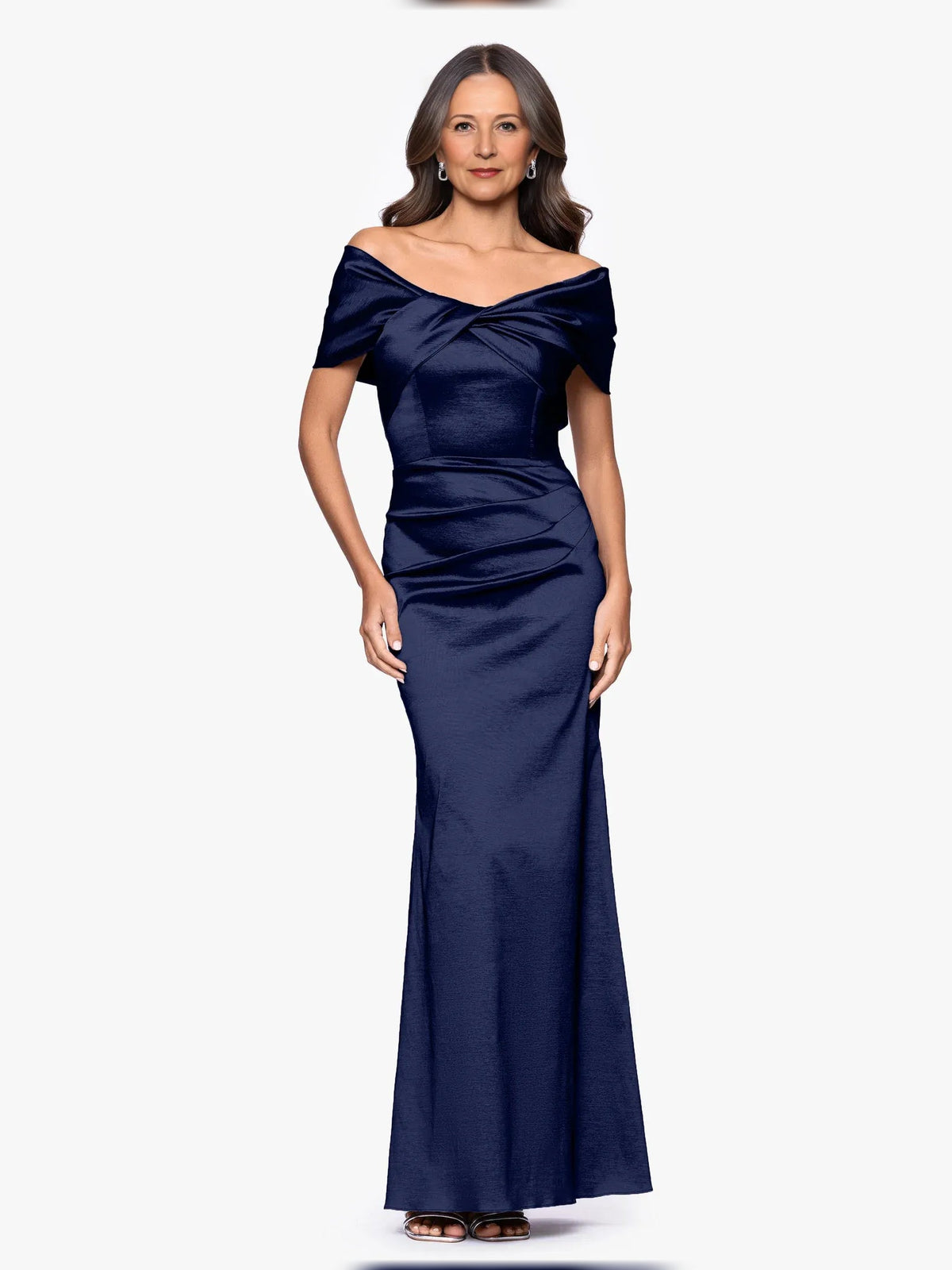 Dark navy satin off-shoulder draped mermaid floor-length gown, fitted silhouette