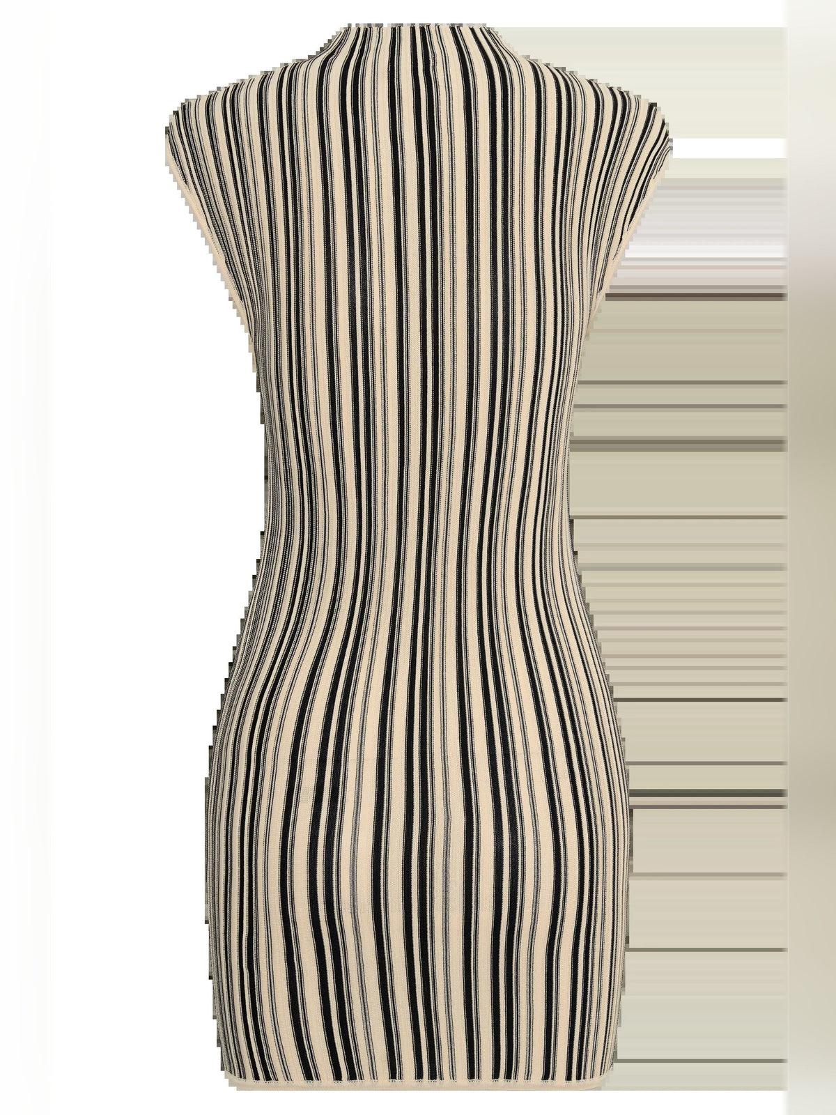 Back of ivory sleeveless mini dress with vertical black and gold stripes, high neck