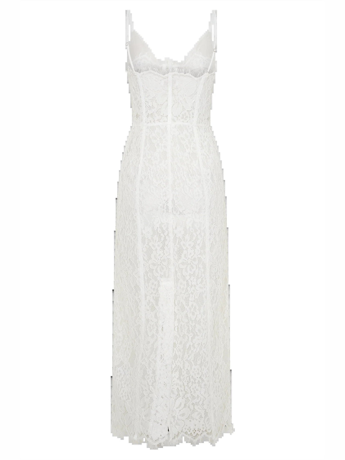 White lace midi formal dress on mannequin with spaghetti straps and fitted silhouette