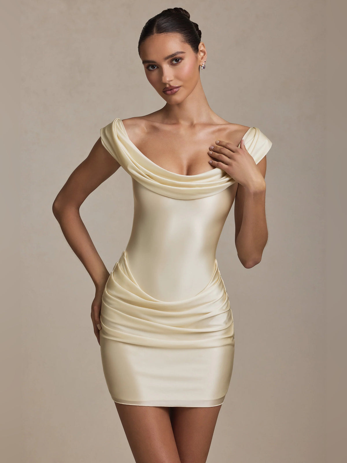 Ivory draped off-shoulder mini dress, front view with gathered neckline at chest