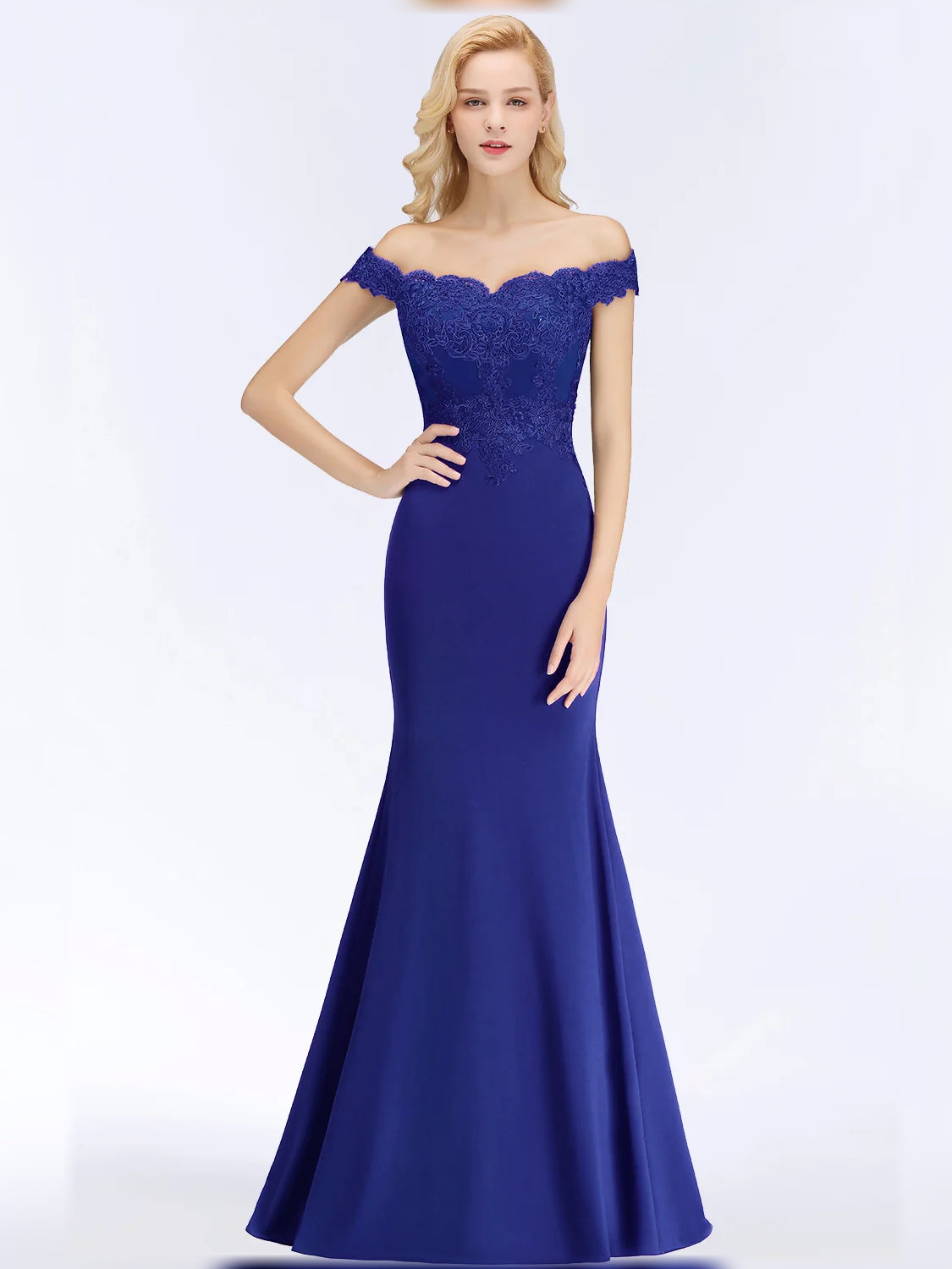Royal blue off-shoulder mermaid satin dress with lace bodice, floor-length front