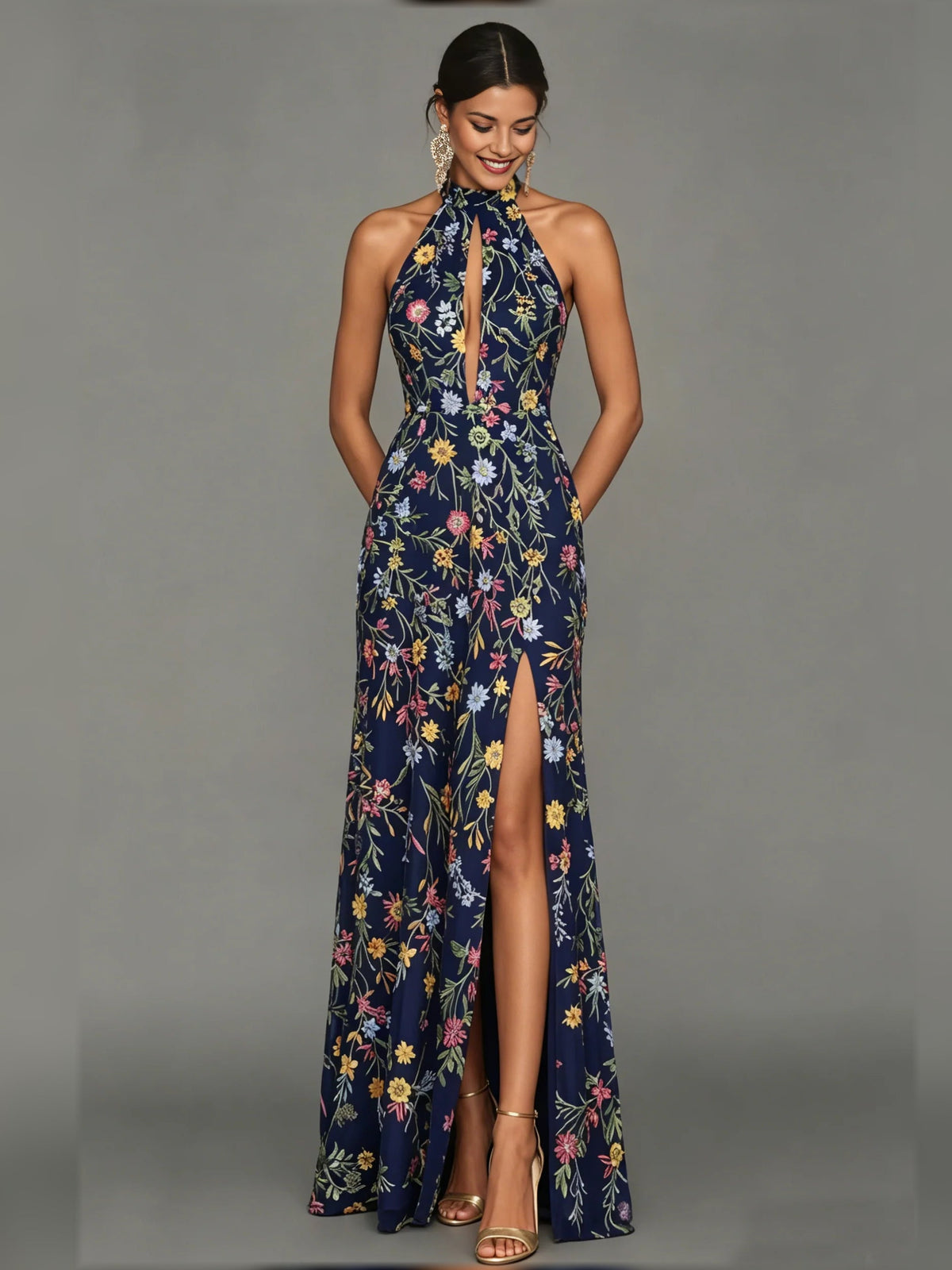 Navy blue floral halter neck formal dress with front slit, floor-length