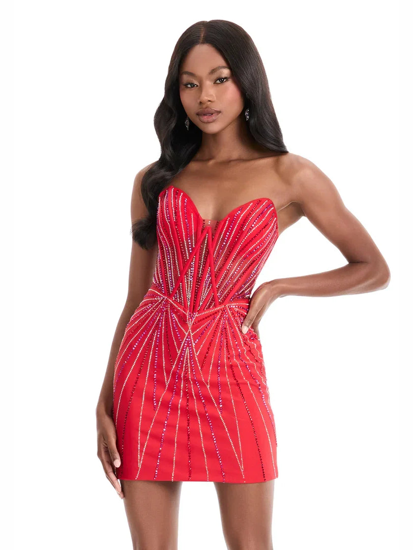 Beaded sweetheart corset mini dress in red with V-neck and shimmering lines