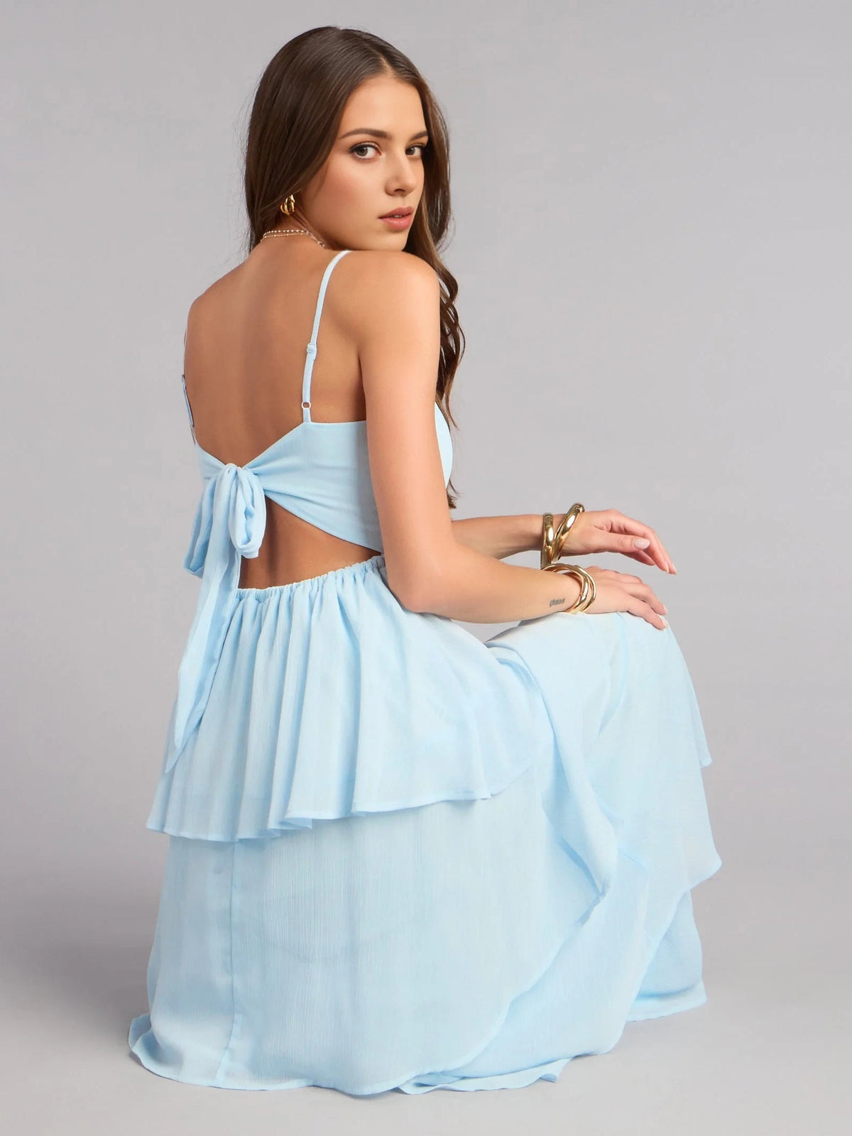 Ice blue chiffon backless tiered ruffle prom dress with bow shoulder ties