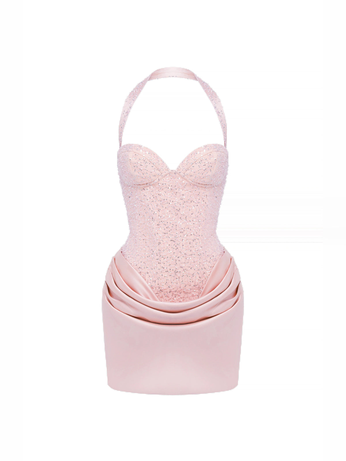 Blush sequin mini dress with halter neckline and satin skirt