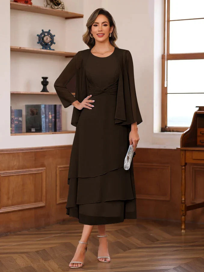 Black midi A-line dress with scoop neck, draped chiffon sleeves, and layered ruffle skirt