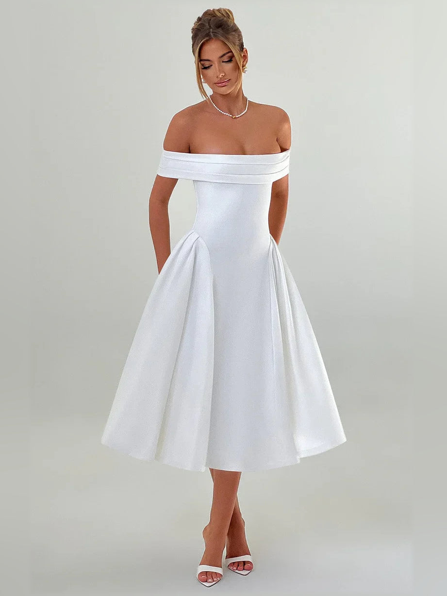 White off-the-shoulder A-line midi formal dress with off-shoulder neckline and pleats