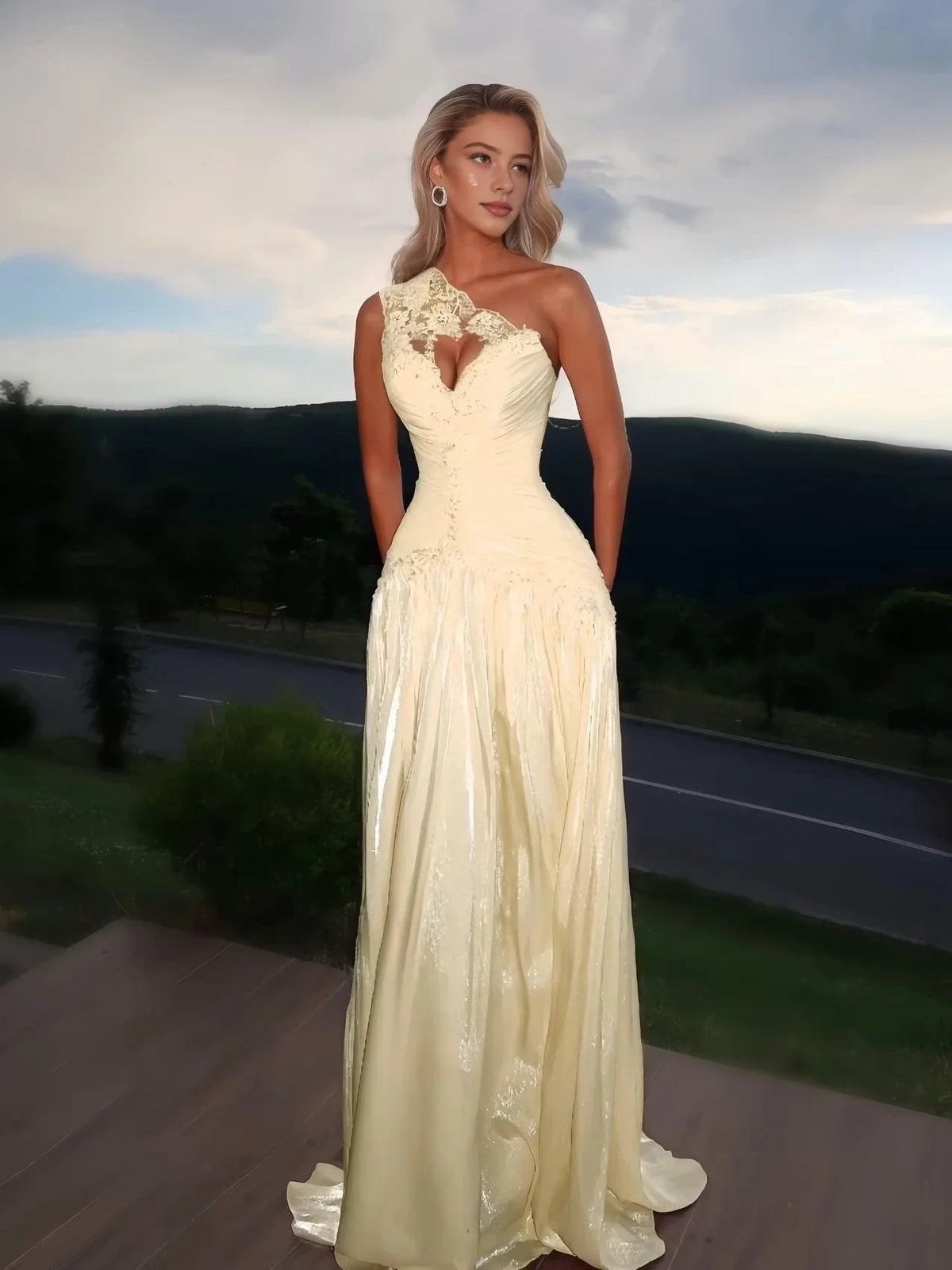 Ivory one-shoulder prom dress with lace applique and ruched A-line skirt, floor length