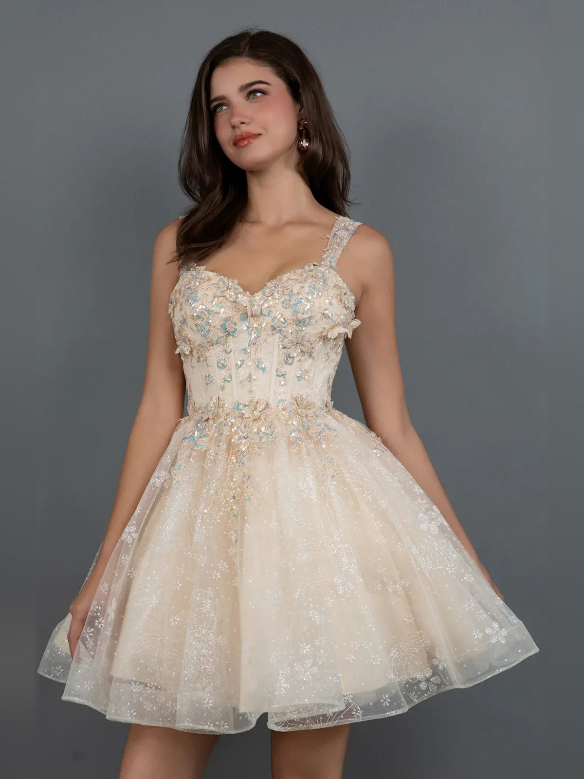 Champagne-gold tulle A-line homecoming dress with corset bodice and delicate floral appliques