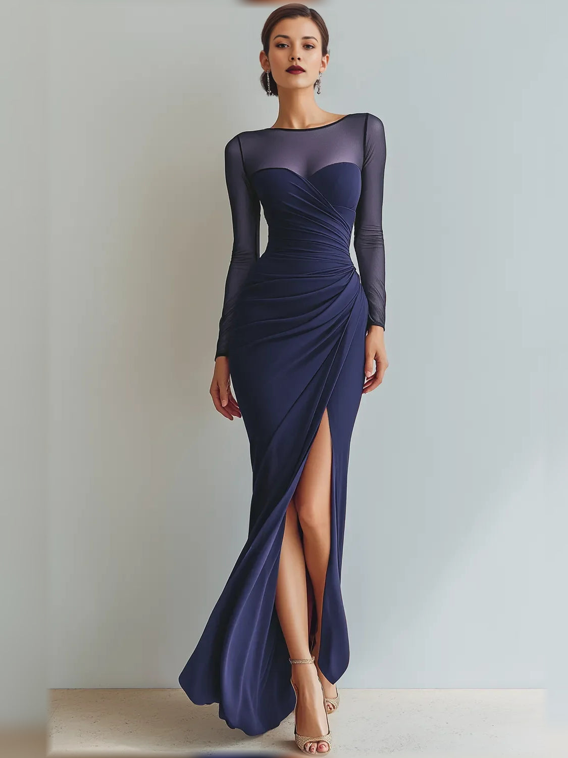 Navy blue sweetheart ruched floor-length formal dress, sheer long sleeves, front side slit