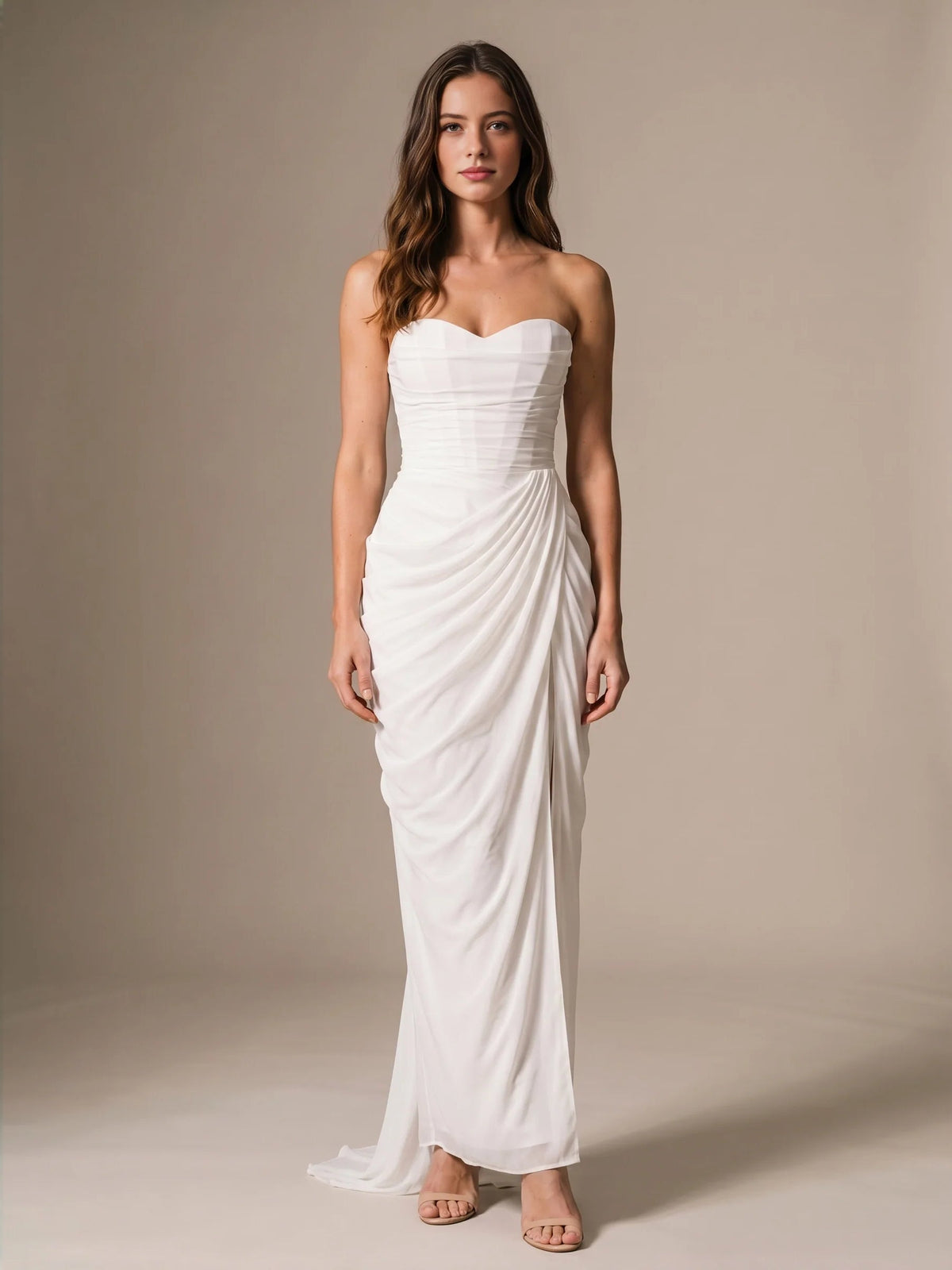 Ivory strapless mermaid maxi chiffon dress with gathered ruched drape and side ruching