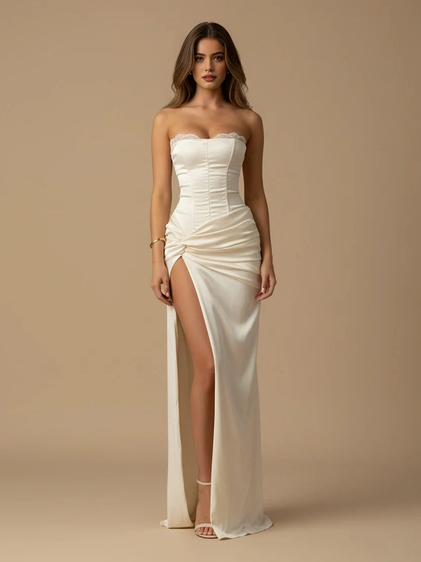 Ivory strapless satin wedding dress with ruched bodice and long front slit