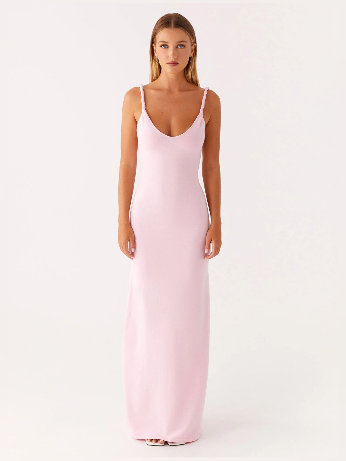 Pink sheath maxi formal dress with sheath, alternate full-length view showing the overall silhouette