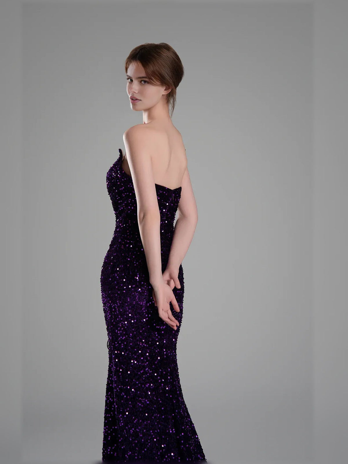 Grape sequin mermaid formal dress with strapless sweetheart neckline and front slit