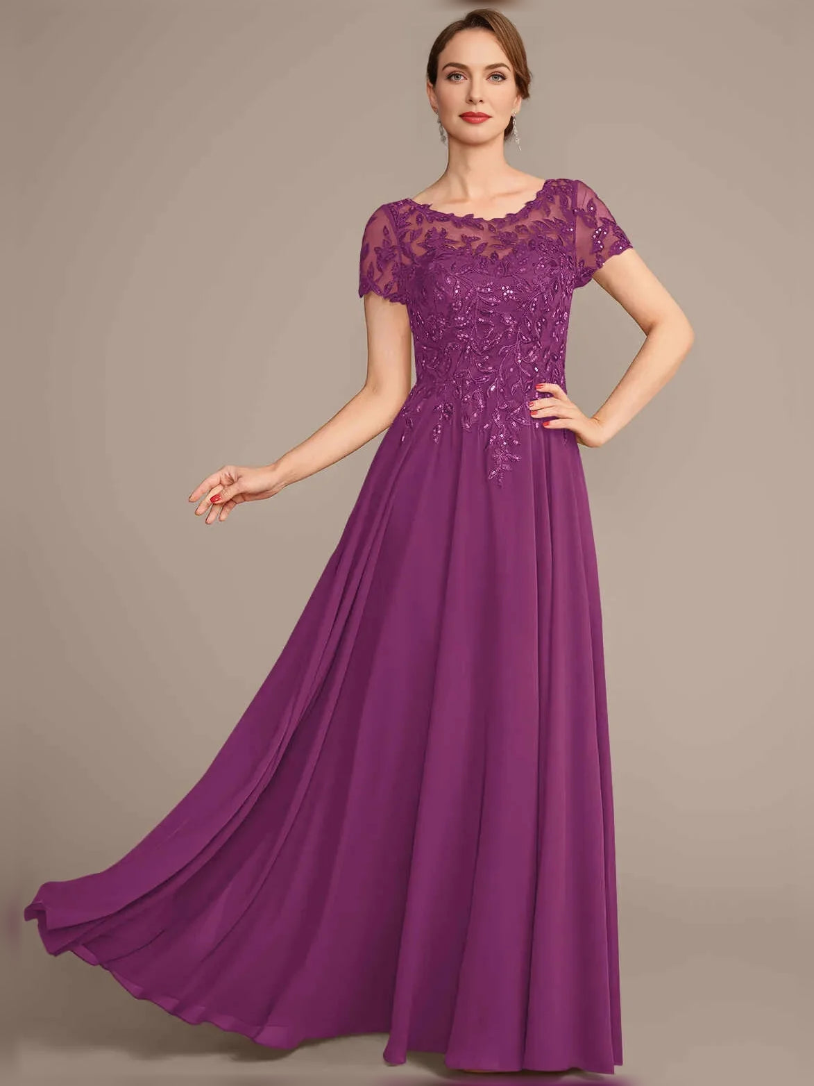 Orchid chiffon A-line mother of the bride dress with lace illusion neckline and short sleeves