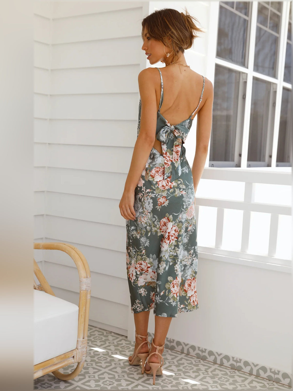 Sage floral midi formal dress with open back and bow detail