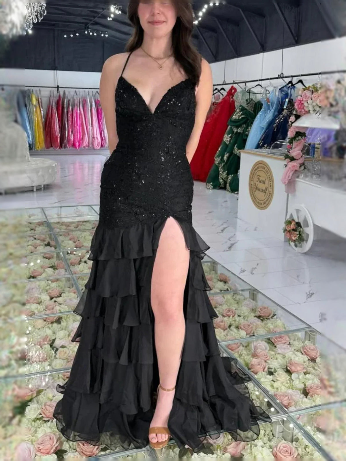 Black sequined V-neck mermaid prom dress with tiered ruffle skirt and slit