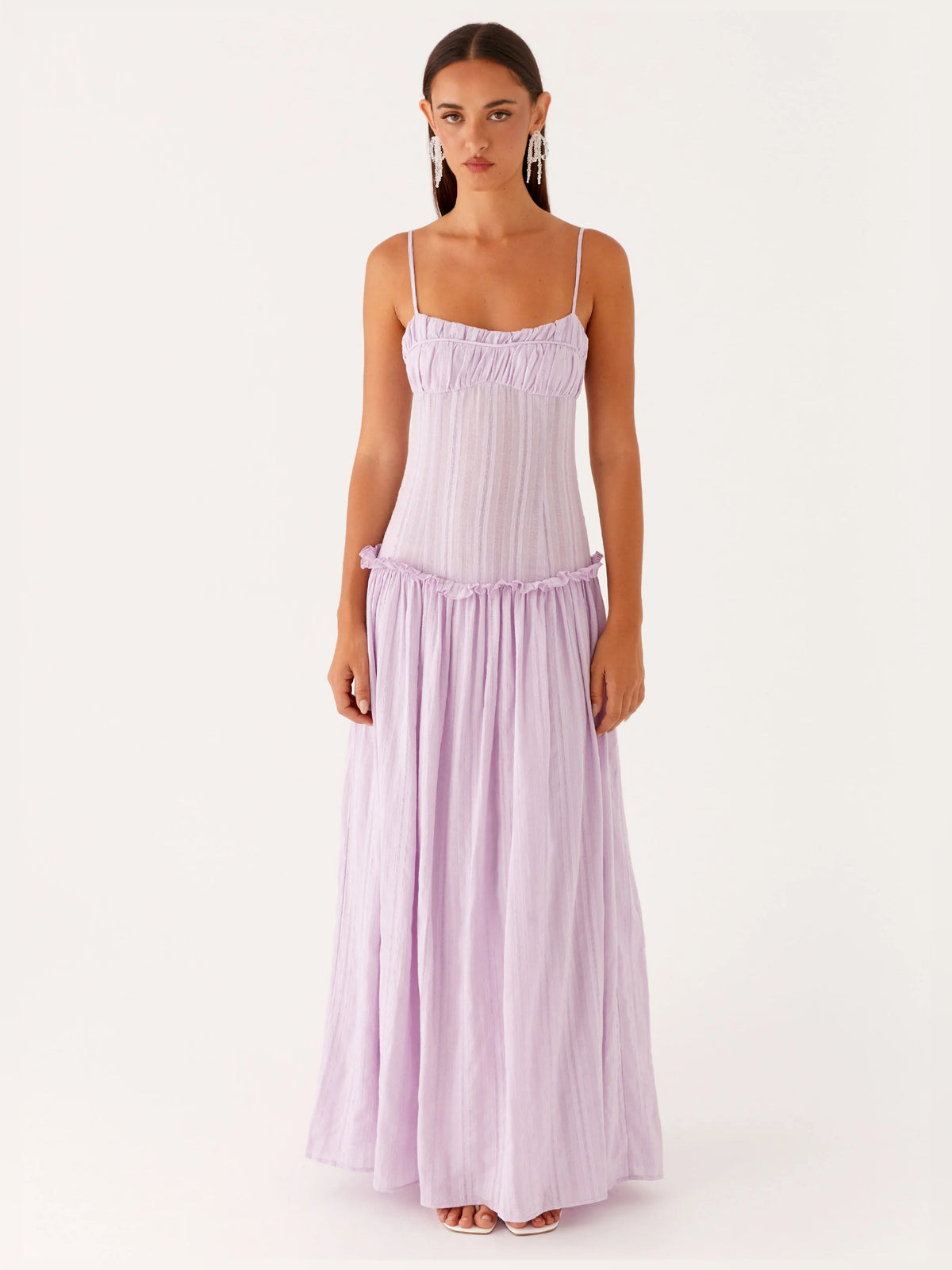Lavender a-line maxi formal dress with square neckline, alternate full-length view showing the overall silhouette
