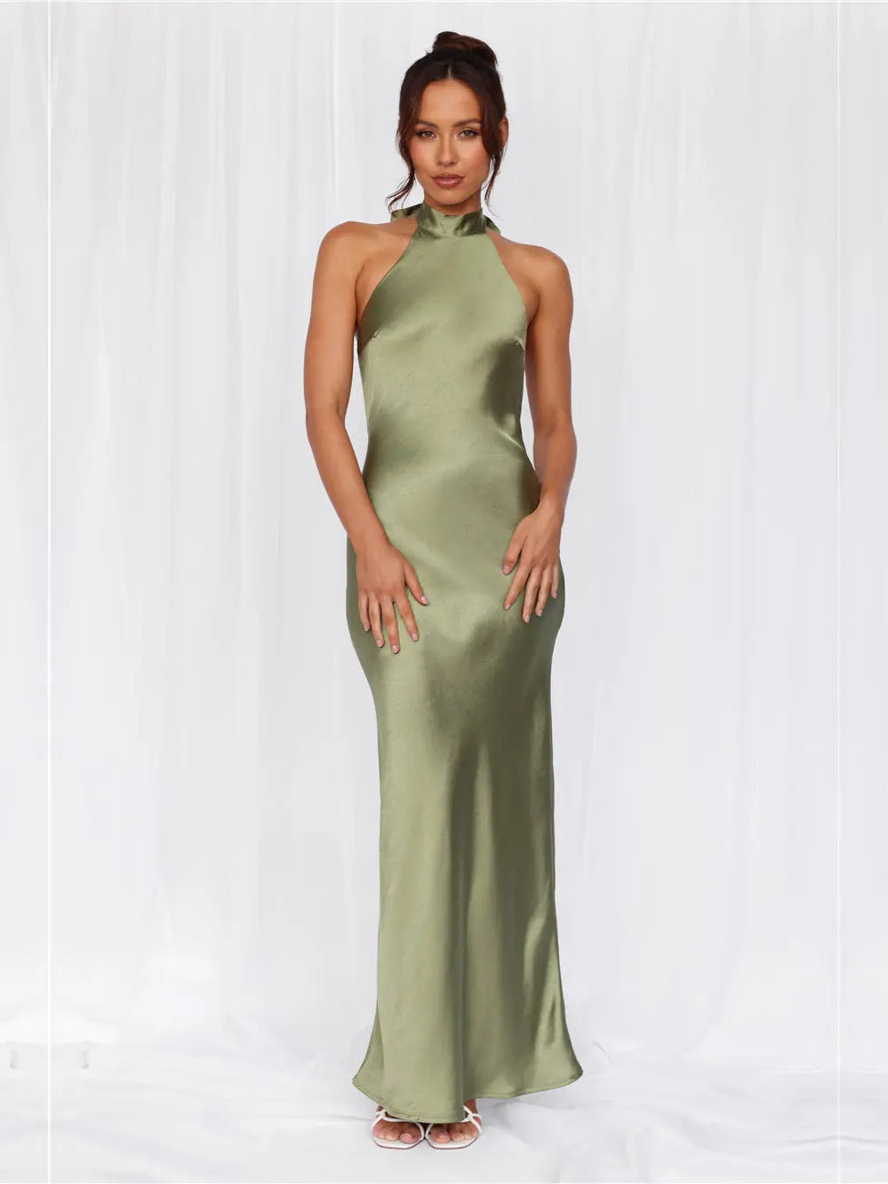 Olive sheath maxi formal dress with halter neckline, alternate view showing the overall silhouette
