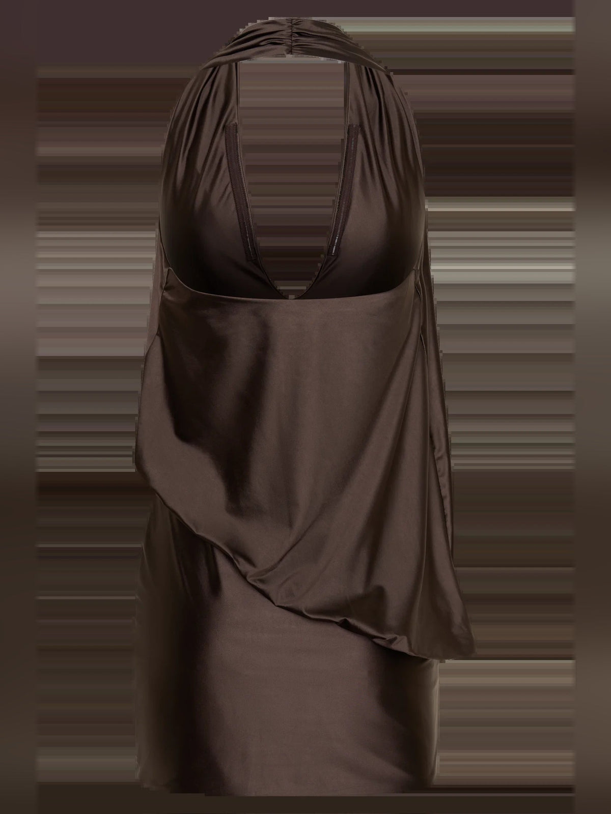 Chocolate draped halter mini dress, back keyhole strap and gathered panel