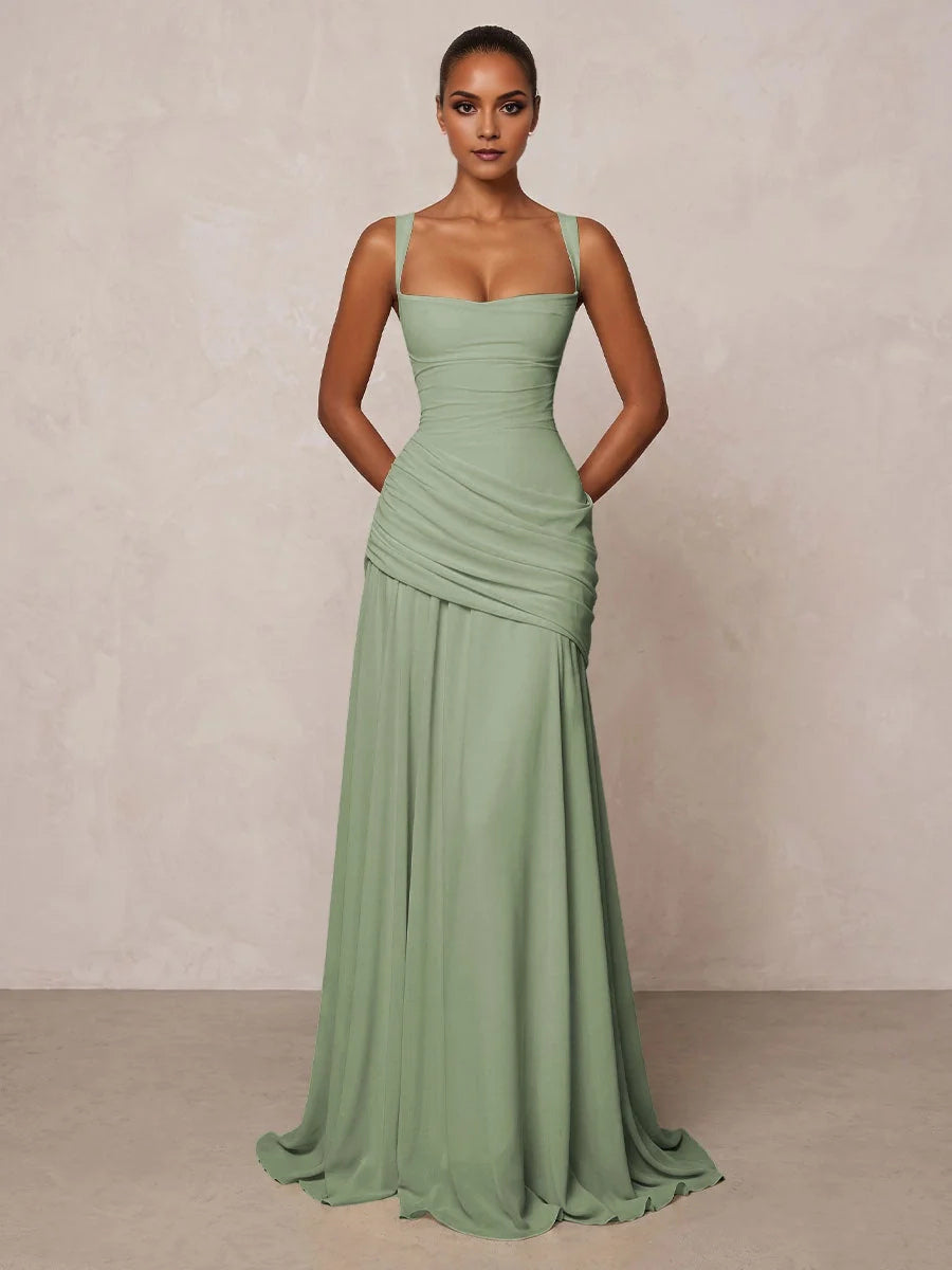 Dusty sage square-neck A-line prom dress with fitted ruched bodice and long skirt